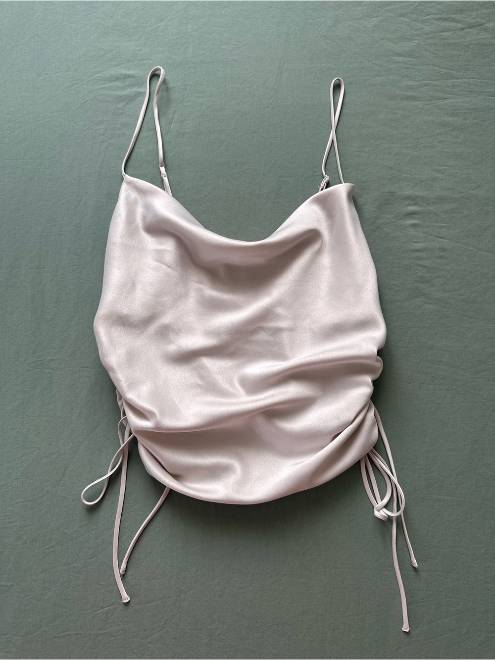 Dynamite Satin Cowl Neck Spaghetti Strap Top in Light Blush